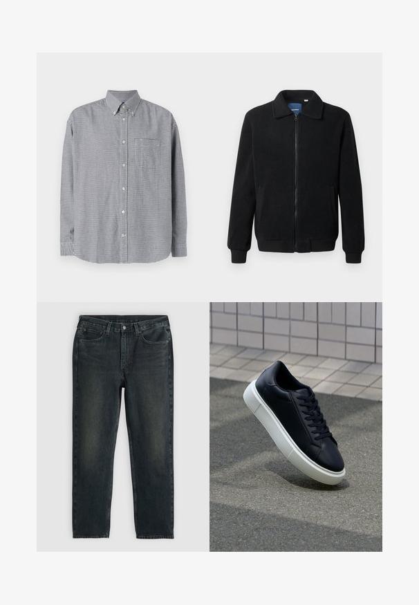 Casaco de polar preto com fecho de correr, gola alta, punhos canelados e bolsos laterais com uma superfície texturizada.; Camisa de botão de manga longa em padrão xadrez preto e branco, com colarinho, um bolso no peito e bainha arredondada. Tecido à base de algodão, com textura suave.; Jeans de denim azul-escuro com corte reto, apresentando cinco bolsos, fecho de zip e costura em contraste. Desgaste sutil no tecido.; Sapatilha de couro preto com bico arredondado e sola de borracha branca. Apresenta atacadores planos e costuras mínimas na parte superior. Sola texturizada para melhor aderência.