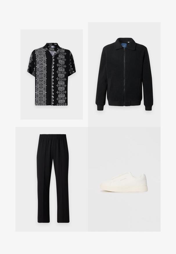 Veste en polaire noire avec fermeture éclair, col montant, poignets côtelés et poches latérales avec une surface texturée.; Chemise à boutons à manches courtes en tissu noir, ornée de motifs floraux complexes blancs et de motifs décoratifs des deux côtés, avec un col.; Pantalons noirs à taille élastique avec une coupe droite, présentant une texture lisse et sans motifs ni éléments visibles.; Baskets blanches sans lacets avec une surface texturée, une semelle épaisse et un design minimaliste. Présente le logo de la marque sur le côté.