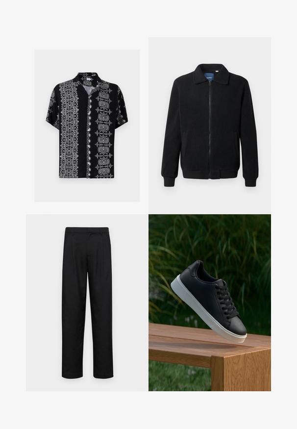 Svart fleece jakke med glidelås, høy krage, ribbestrikkede mansjetter og sidelommer med strukturert overflate.; Kortermet skjorte med knapper i svart stoff, med intrikate hvite blomster- og dekorative mønstre på begge sider og krage.; Sorte bukser laget av glatt stoff, med rette ben, to frontfoldninger og standard liv med beltehemper.; Sorte skinnesneakers med en glatt tekstur, hvit gummisåle og seks hull for lisser, vises på en treoverflate.