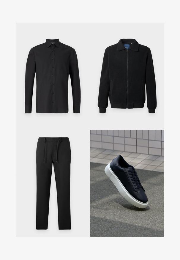 Svart fleece jakke med glidelås, høy krage, ribbestrikkede mansjetter og sidelommer med strukturert overflate.; Svart langermet skjorte laget av glatt stoff, med klassisk krage, knappelukking foran, justerbare mansjetter og en skreddersydd passform.; Sorte bukser med slim fit, laget av myk stoff, med snøring i livet, sidelommer og en glatt finish.; Sorte skinnsneakers med rund tå og hvit gummisåle. Har flate lisser og minimal søm på overdelen. Strukturert såle for grep.
