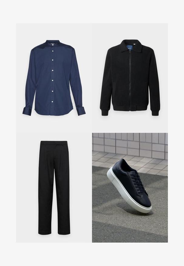 Juodas fliso džemperis su užtrauktuku, stovinčia apykakle, gumuotais rankogaliais ir šoninėmis kišenėmis, turinčiomis tekstūruotą paviršių.; Tamsiai mėlynas ilgomis rankovėmis marškinėliai su mandarinų apykakle, turintis mygtukų užsegimą, tekstūruota medžiaga ir rankogaliai su kontrastingomis siūlėmis.; Juodi kelnių modeliai, pagaminti iš lygios medžiagos, turi tiesią kojas, du priekiniai klostės ir standartinę juosmenį su diržo kilpomis.; Juodas odinis sportbačius su apvaliu pirštu ir baltu gumuotu padu. Turi plokščias raišteles ir minimalų siuvimą viršuje. Padangos tekstūra užtikrina sukibimą.