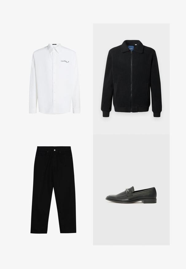 Chaqueta de forro polar negra con cierre de cremallera, cuello alzado, puños acanalados y bolsillos laterales con una superficie texturizada.; Camisa blanca de manga larga abotonada de algodón con cuello puntiagudo y logo bordado en negro en el lado izquierdo del pecho. Textura suave.; Pantalones de mezclilla negra con corte recto, diseño de cinco bolsillos y cierre frontal con botón. Textura suave con detalles de costura mínimos.; Mocasín de cuero negro con un acabado suave, que cuenta con un diseño de costura y un acento decorativo de cadena de metal en el empeine. Tacón plano.