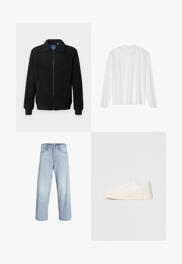 Črna flis jakna z zadrgo, stoječim ovratnikom, rebrastimi zapestji in stranskimi žepi s teksturirano površino.; Bela bombažna majica z dolgimi rokavi in posadnim izrezom ter rebrastimi manšetami. Preprost, neokrašen dizajn, ki se ponaša z gladko teksturo in standardnim krojem.; Svetlo modri kavbojki z visokim pasom, širokimi hlačnicami in ravnim krojem. Imajo klasično zapiranje z gumbom in zasnovo s petimi žepi.; Bele zapete brez vezalk z teksturirano površino, debelim podplatom in minimalističnim dizajnom. Na strani se nahaja logotip blagovne znamke.