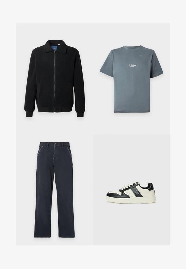 Čierna flísová bunda s uzáverom na zips, stojatým golierom, rebrovanými manžetami a bočnými vreckami s textúrovaným povrchom.; Šedé bavlnené tričko s okrúhlym výstrihom, krátkymi rukávmi a malým bielym logom "JJ Studios" na hrudníku. Hladká textúra a voľný strih.; Námornícky modré bavlnené nohavice s rovnými nohavicami. Obsahujú predné vrecká, gombíkový zatvárací mechanizmus a viditeľné detaily šitia.; Kožené tenisky v čierno-krémovej farbe, s perforovanými akcentmi, polstrovaným golierom a štruktúrovanou podrážkou.