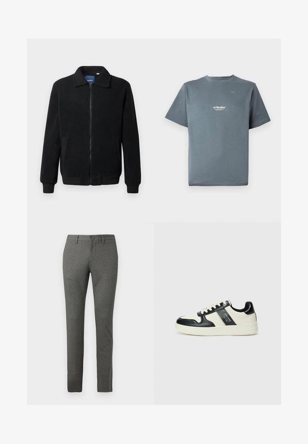 Sort fleecejakke med lynlås, opretstående krave, ribbede manchetter og sidelommer med en tekstureret overflade.; Grå bomulds T-shirt med rund halsudskæring, korte ærmer og et lille hvidt "JJ Studios" logo på brystet. Glat tekstur og afslappet pasform.; Grå skræddersyede bukser med en struktureret overflade, slim fit design, forlommer og en enkelt knaplukning i taljen.; Lædersneakers i sort og creme farveskema, med perforerede detaljer, en polstret krave og en struktureret ydersål.
