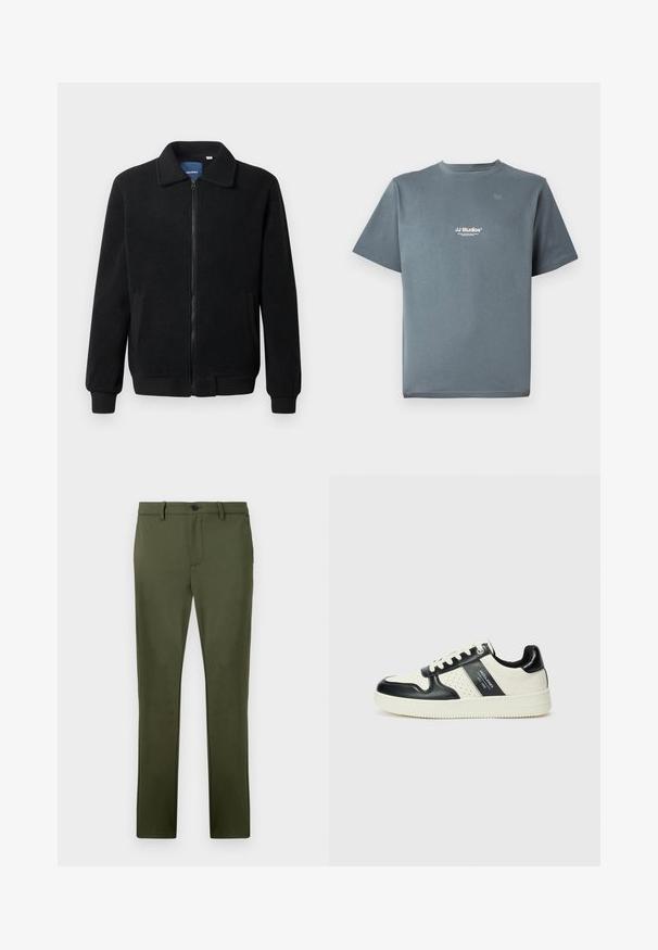 Svart fleece jakke med glidelås, høy krage, ribbestrikkede mansjetter og sidelommer med strukturert overflate.; Grå bomull T-skjorte med rund hals, korte ermer, og en liten hvit "JJ Studios" logo på brystet. Glatt tekstur og avslappet passform.; Olivegrønne bukser lavet af et glat stof, med lige snit, frontlommer og en enkelt knaplukning. Minimalistiske design detaljer.; Lædersneakers med sort og creme farveskema, der har perforerede detaljer, en polstret krave og en struktureret ydersål.