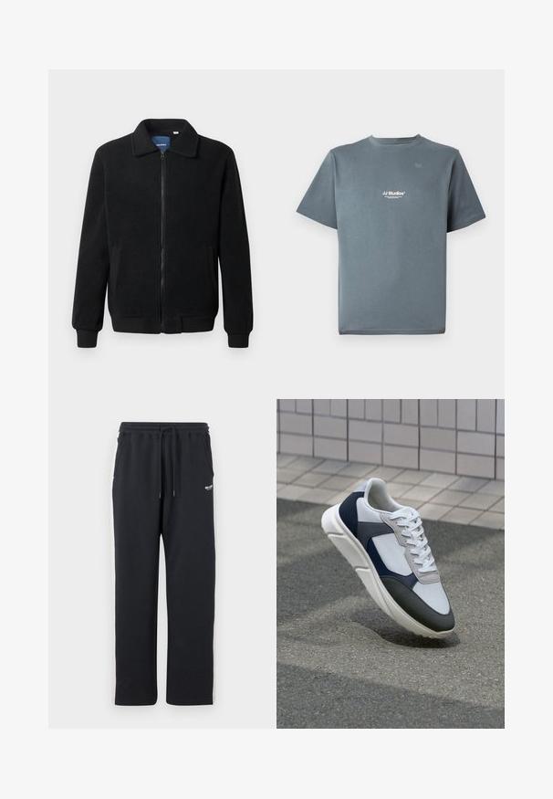 Casaco de polar preto com fecho de correr, gola alta, punhos canelados e bolsos laterais com uma superfície texturizada.; T-shirt cinza de algodão com decote redondo, mangas curtas e um pequeno logótipo branco "JJ Studios" no peito. Textura suave e corte descontraído.; Calças de fato de treino pretas com riscas brancas nas laterais, cintura elástica com cordão, corte reto, feitas de material de algodão suave, sem bolsos.; Sapatilhas brancas, azuis-marinho e cinzas com um design de materiais mistos, apresentando uma parte superior texturizada, atacadores planos e uma sola acolchoada.