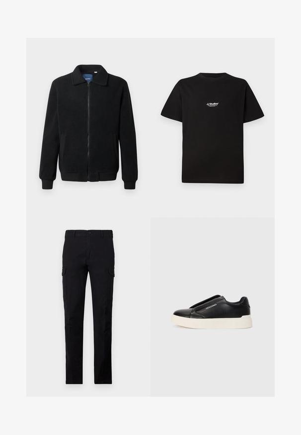 Zwarte fleece jas met een ritssluiting, staande kraag, ribgebreide manchetten en zijzakken met een textuur.; Zwarte katoenen T-shirt met een ronde halslijn en korte mouwen. Kenmerkt zich door een witte "JJ Studios" logo op het bovenste deel van de borst.; Zwarte cargo broek van stevige stof, met eenRegular fit, knoopsluiting en twee zijvakken. Effen textuur zonder patronen.; Zwarte slip-on sneaker met een gestructureerde leren bovenkant, witte rubberen zool en geen zichtbare veters. Beschikt over het merkembleem aan de zijkant.