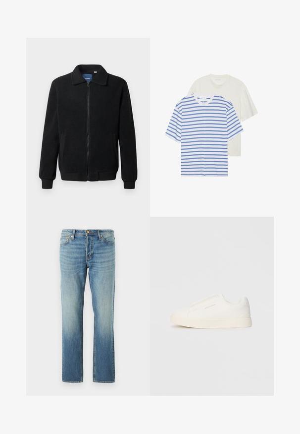 Casaco de polar preto com fecho de correr, gola alta, punhos canelados e bolsos laterais com uma superfície texturizada.; Duas t-shirts de manga curta: uma branca com riscas azuis e uma em creme sólido claro. Material de algodão suave, design de gola redonda, ajuste confortável.; Jeans de denim azul claro com um design de perna reta, apresentando um acabamento desbotado, rebites de cobre e o clássico estilo de cinco bolsos.; Sapatilhas brancas de atacar com uma superfície texturizada, sola grossa e design minimalista. Possui o logo da marca na lateral.