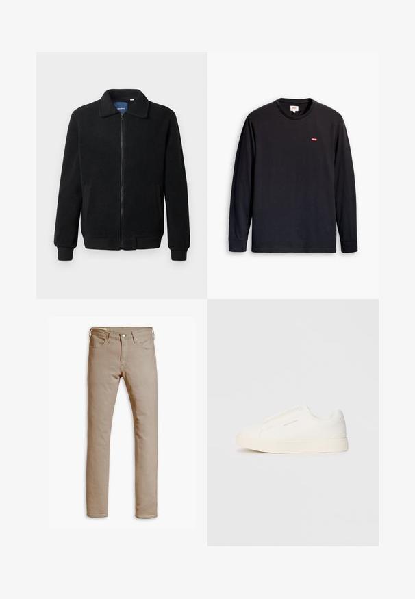 Svart fleece jakke med glidelås, høy krage, ribbestrikkede mansjetter og sidelommer med strukturert overflate.; Svart langermet t-skjorte laget av bomull. Har rund hals og en liten rød logo på brystet. Jevn tekstur, standard passform.; Levi's® 511 SLIM - Jeans straight leg - paper; Hvite slip-on joggesko med teksturert overflate, tykk såle og minimalistisk design. Har merkevarelogo på siden.