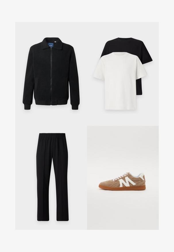 Schwarze Fleecejacke mit Reißverschluss, Stehkragen, gerippten Bündchen und seitlichen Taschen mit strukturiertem Oberflächenmaterial.; Baumwoll-T-Shirt-Set bestehend aus einem schwarzen Oberteil und einem weißen Oberteil, beide mit kurzen Ärmeln, Rundhalsausschnitt und normaler Passform. Texturiert.; Schwarze, Gummibund-Hosen mit geradem Schnitt, die eine glatte Textur aufweisen und keine sichtbaren Muster oder Beschläge haben.; Schnürsneaker mit einem Obermaterial aus braunem Wildleder, weißen Stoffakzenten, gestepptem Design und einer braunen Gummisohle. Verfügt über ein auffälliges "M"-Logo.