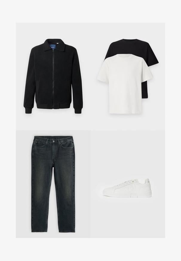 Giacca in pile nera con chiusura zip, colletto alto, polsini a coste e tasche laterali con superficie strutturata.; Set di t-shirt in cotone composto da una maglietta nera e una bianca, entrambe con maniche corte, scollatura rotonda e vestibilità standard. Tessuto testurizzato.; Jeans in denim blu scuro con taglio dritto, dotati di cinque tasche, chiusura con zip e cuciture a contrasto. Leggera scoloritura sul tessuto.; Replay POLYS DEBOSS - Sneakers basse - white