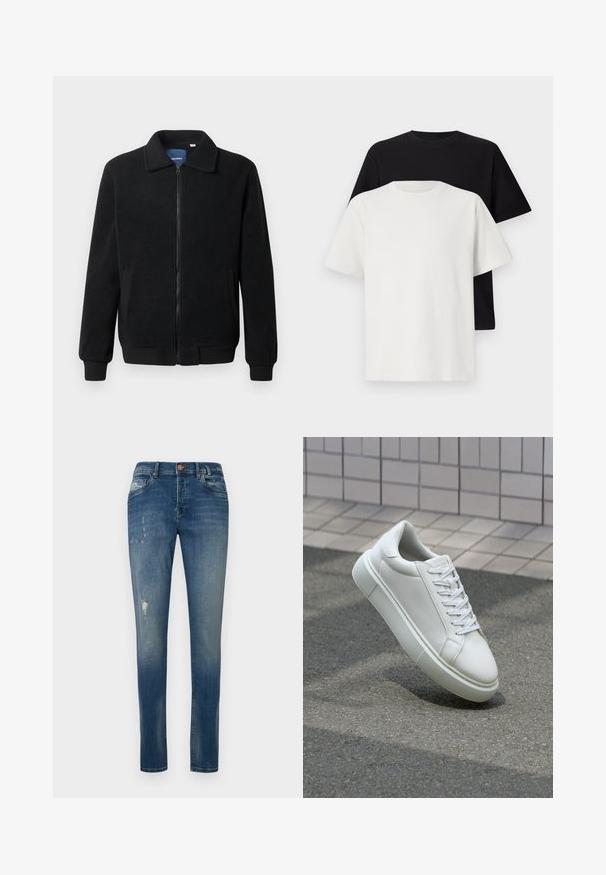 Musta fleece-takki, jossa on vetoketjulla suljettavat, pystykaulus, ribbireunat ja sivutaskut, joissa on teksturoitu pinta.; Setti puuvillapaitoja, joissa on musta ja valkoinen paita, molemmat lyhythihaisilla, pyöreällä kaula-aukolla ja normaalilla istuvuudella. Teksturoitu kangas.; Sirotut siniset farkut, valmistettu denimistä, jossa on haalistunut pesu, hienovarainen kuluminen reiden kohdalla ja klassinen viiden taskun muotoilu.; Valkoinen nahkainen lenkkari, jossa on sileä pinta, pyöreä kärki ja tasaiset valkoiset nauhat. Varustettu teksturoidulla kumi-pohjalla ja vähäisillä muotoiluelementeillä.