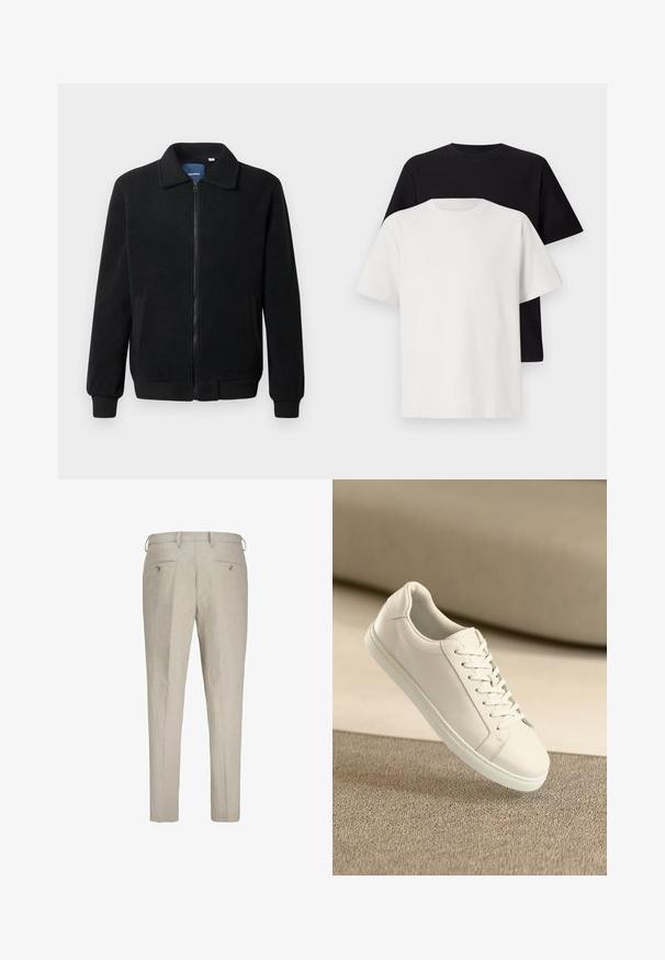 Juodas fliso džemperis su užtrauktuku, stovinčia apykakle, gumuotais rankogaliais ir šoninėmis kišenėmis, turinčiomis tekstūruotą paviršių.; Medvilniniai marškiniai, kuriuos sudaro juodas ir baltas marškinėliai, abu su trumpomis rankovėmis, apvaliu iškirpimu ir standartiniu sijonu. Tekstūruota medžiaga.; Šviesiai bežinės lino kelnes su tekstūruotu paviršiumi. Yra dvi užpakalinės kišenės su mygtukais ir diržo kilpos reguliuojamam pritaikymui.; Balta odinė sportinė avalynė su baltais raišteliais, išdėstyta ant rausvo tekstūruoto paviršiaus ir minkšto neryškaus fono.