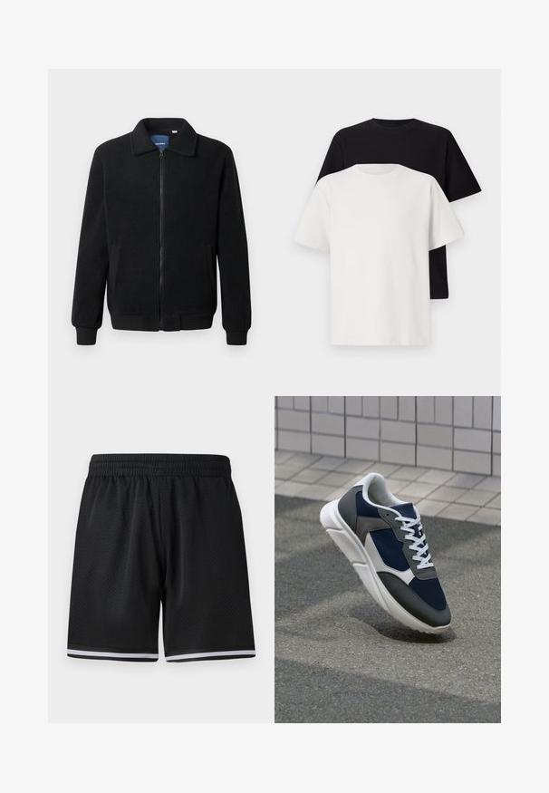 Zwarte fleece jas met een ritssluiting, staande kraag, ribgebreide manchetten en zijzakken met een textuur.; Katoenen T-shirt set met een zwarte top en een witte top, beide met korte mouwen, ronde hals en een standaard pasvorm. Textuurstof.; Zwarte mesh sportshorts met een elastische tailleband, voorzien van witte strepen langs de zoom voor extra detail. Lichtgewicht en ademend materiaal.; Sneaker met een marineblauwe mesh bovenwerk, grijze suède accenten, witte rubberen zool en platte witte veters, ontworpen voor comfort en ademend vermogen.