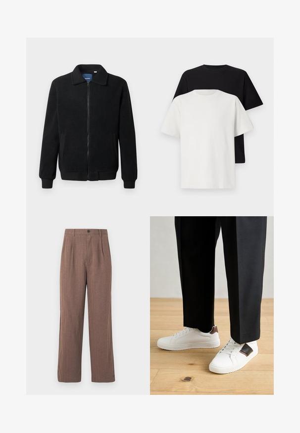 Black fleece jacket featuring a zip closure, stand collar, ribbed cuffs, and side pockets with a textured surface.; Cotton t-shirt set featuring a black top and a white top, both with short sleeves, round neckline, and standard fit. Textured fabric.; Brown, wide-leg trousers made from textured fabric, featuring pleats and a button closure at the waist. Tailored design with clean lines.; White sneakers with smooth texture, featuring brown leather accents and black detailing, paired with black tailored pants. Wooden floor background.