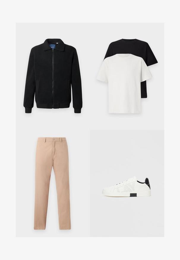 Svart fleece jakke med glidelås, høy krage, ribbestrikkede mansjetter og sidelommer med strukturert overflate.; Sett med bomull t-skjorter bestående av en svart topp og en hvit topp, begge med korte ermer, rund hals og standard passform. Teksturet stoff.; Beige, rette benbukser i bomull. Har knappeåpning og beltehemper. Glatt tekstur med en minimalistisk design.; Hvite sneakers med perforert design, svart hælaccent og hvit gummisåle. Har snørebånd og logo på siden. Glatt lærtekstur.