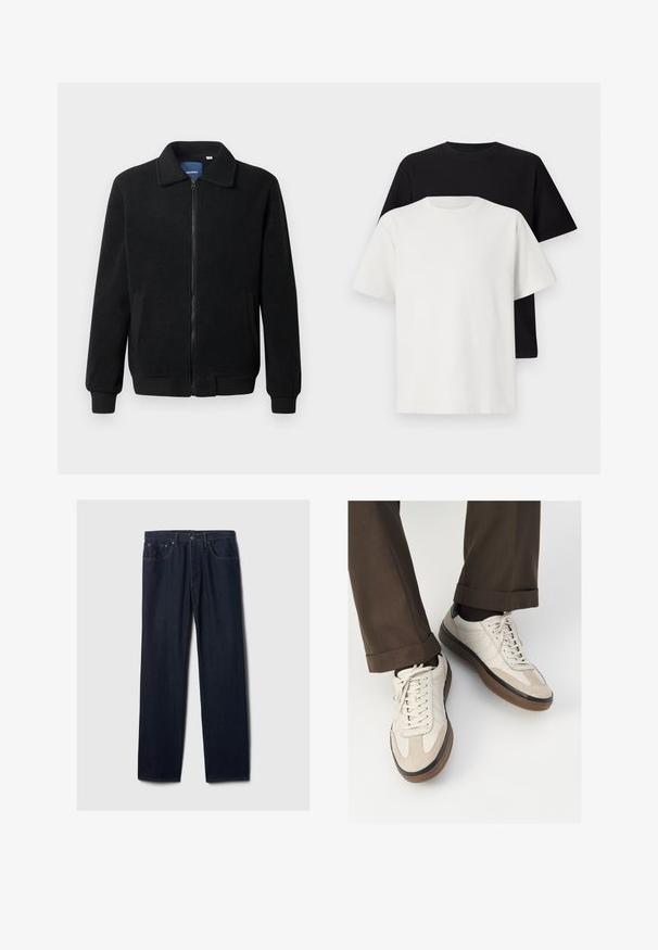 Musternahk fleece-jakk musternahaga, tõmblukk, seisev kaelus, soonikkoes varrukad ja küljetaskud tekstuurse pinnaga.; Puuvillane t-särkide komplekt, mis sisaldab musta ja valget särk, mõlemad lühikeste varrukatega, ümmarguse kaelusega ja standardse lõikega. Tekstuuriga kangas.; Tumedast sinised sirged teksad viie tasku kujundusega, nööbiga sulgemine ja nähtav õmblus heledal taustal.; Bežid spordijalised, millel on tekstuuriga suede esiosa, siledast nahast küljed ja pruun kummitald. Lisatud on paelad ja heledad õmbluse detailid.