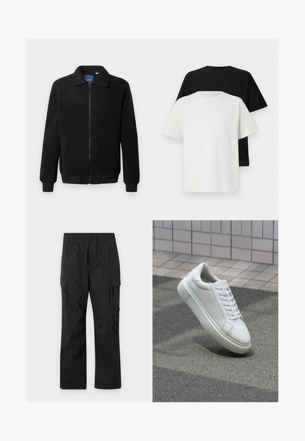 Svart fleecjacka med dragkedja, ståkrage, ribbade muddar och sidofickor med texturerad yta.; Set med bomullströjor som inkluderar en svart och en vit topp, båda med korta ärmar, rund halsringning och standard passform. Strukturerad tyg.; Svarta cargobyxor i lätt tyg, med elastisk midja, dragsko och två sidofickor.; Vit lädersneaker med en slät yta, rund tå och platta vita snören. Har en texturerad gummisula och minimalistiska designelement.