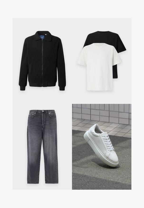 Zwarte fleece jas met een ritssluiting, staande kraag, ribgebreide manchetten en zijzakken met een textuur.; Katoenen T-shirt set met een zwarte top en een witte top, beide met korte mouwen, ronde hals en een standaard pasvorm. Textuurstof.; Donkergrijze denim jeans met een rechte pasvorm, vijf zakken en metalen accenten. De stof heeft een subtiele textuur en vervaagde accenten.; Witte leren sneaker met een glad oppervlak, ronde neus en platte witte veters. Voorzien van een gestructureerde rubberen zool en minimale ontwerpelementen.