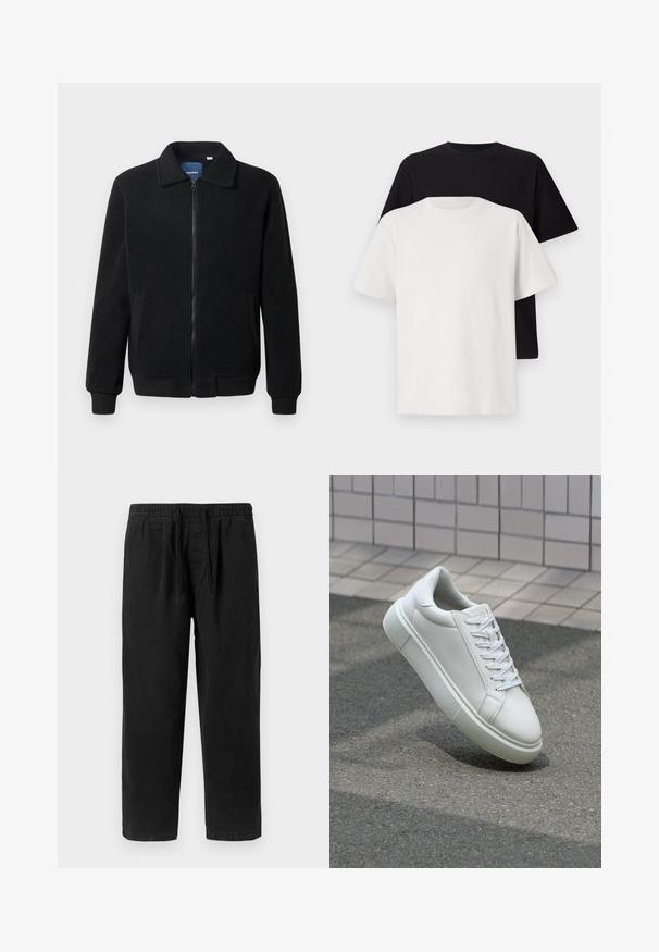 Veste en polaire noire avec fermeture éclair, col montant, poignets côtelés et poches latérales avec une surface texturée.; Ensemble de t-shirts en coton comprenant un haut noir et un haut blanc, tous deux à manches courtes, avec un col rond et une coupe standard. Tissu texturé.; Pantalons en coton noir avec une taille élastique et un cordon de serrage, offrant une coupe décontractée et des jambes droites sans poches.; Baskets en cuir blanc avec une surface lisse, bout rond et lacets plats blancs. Présentent une semelle en caoutchouc texturée et des éléments de design minimalistes.