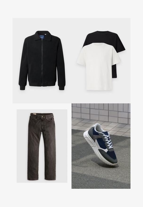 Melnā vilnas jaka ar rāvējslēdzēju, stāvošu apkakli, ribotām piedurknēm un sānu kabatām ar teksturētu virsmu.; Kokvilnas T-kreklu komplekts, kas sastāv no melna un baltā T-krekla, abi ar īsām piedurknēm, apaļu kakla izgriezumu un standarta piegriezumu. Faktūras audums.; Tiešajiem melnajiem džinsiem ar pogu un rāvējslēdzēju, priekšējām un aizmugurējām kabatām, kā arī jostu cilpām.; Sporta apavi ar tumši zilas krāsas tīkla augšdaļu, pelēku zamšādas akcentiem, baltu gumijas zoli un plakaniem baltiem šņorēm, kas izstrādāti komfortam un elpojamībai.
