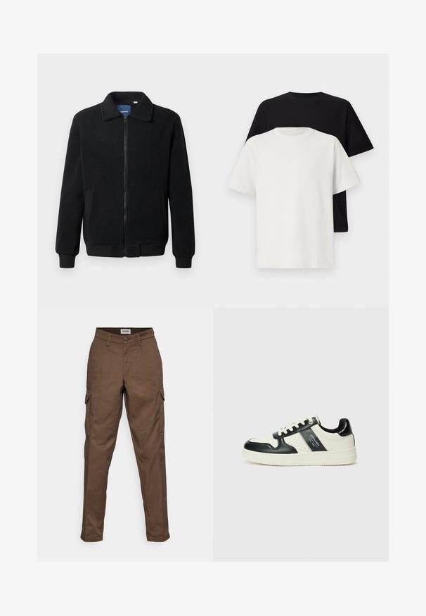Veste en polaire noire avec fermeture éclair, col montant, poignets côtelés et poches latérales avec une surface texturée.; Ensemble de t-shirts en coton comprenant un haut noir et un haut blanc, tous deux à manches courtes, avec un col rond et une coupe standard. Tissu texturé.; Pantalons cargo marron avec une taille plate, deux poches latérales et une poche cargo sur la jambe gauche. Fabriqués en tissu durable avec une coupe droite.; Baskets en cuir avec un schéma de couleurs noir et crème, dotées d'accents perforés, d'un col rembourré et d'une semelle texturée.