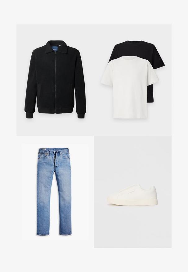 Jachetă din fleece neagră, cu închidere prin fermoar, guler înalt, manșete ribbate și buzunare laterale cu o suprafață texturată.; Set de tricouri din bumbac, care include un top negru și unul alb, ambele cu mâneci scurte, guler rotund și croială standard. Material texturat.; Jeans din denim de culoare albastru deschis, cu tăietură dreaptă, închidere cu cinci nasturi, bucle pentru curea și o decolorare subtilă. Au două buzunare frontale și nituri de cupru.; Tenisi albi slip-on cu o suprafață texturată, talpă groasă și un design minimalist. Prezintă logo-ul brandului pe lateral.