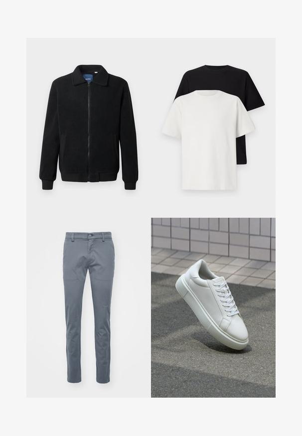 Schwarze Fleecejacke mit Reißverschluss, Stehkragen, gerippten Bündchen und seitlichen Taschen mit strukturiertem Oberflächenmaterial.; Baumwoll-T-Shirt-Set bestehend aus einem schwarzen Oberteil und einem weißen Oberteil, beide mit kurzen Ärmeln, Rundhalsausschnitt und normaler Passform. Texturiert.; Graue maßgeschneiderte Hose aus gewebtem Stoff, mit flachem Bund, standardmäßigem Taillenbund mit Gürtelschlaufen und schmal geschnittenen geraden Beinen.; Weiße Leder-Sneaker mit glatter Oberfläche, runder Zehenpartie und flachen weißen Schnürsenkeln. Verfügt über eine strukturierte Gummisohle und minimalistische Designelemente.