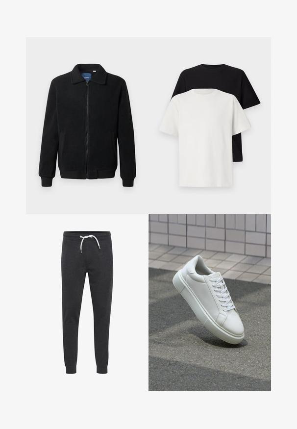 Fekete bolyhos dzseki cipzárral, állógallérral, bordázott mandzsettákkal és oldalzsebekkel, textúrált felülettel.; Pamut póló szett, amely egy fekete és egy fehér pólót tartalmaz, mindkettő rövid ujjú, környakú és normál fazonú. Texturált anyag.; Sötét szürke melegítőnadrág, puha anyagból, fehér húzózsinórral, kifinomult szűkített szárakkal és egyszerű designnal, zsebek nélkül.; Fehér bőr sportcipő sima felülettel, kerek orral és lapos fehér fűzőkkel. Texturált gumitalppal és minimális dizájnelemekkel rendelkezik.