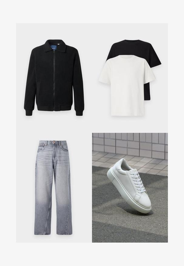 Zwarte fleece jas met een ritssluiting, staande kraag, ribgebreide manchetten en zijzakken met een textuur.; Katoenen T-shirt set met een zwarte top en een witte top, beide met korte mouwen, ronde hals en een standaard pasvorm. Textuurstof.; Lichtblauwe, wijde denim jeans met een vervaagde afwerking, vijf zakken en zichtbare stiksels. Voorzien van een koperen knop en ritssluiting.; Witte leren sneaker met een glad oppervlak, ronde neus en platte witte veters. Voorzien van een gestructureerde rubberen zool en minimale ontwerpelementen.