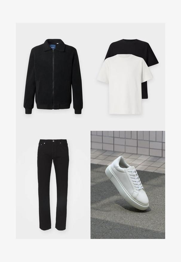 Veste en polaire noire avec fermeture éclair, col montant, poignets côtelés et poches latérales avec une surface texturée.; Ensemble de t-shirts en coton comprenant un haut noir et un haut blanc, tous deux à manches courtes, avec un col rond et une coupe standard. Tissu texturé.; Jean en denim noir avec une coupe droite, design à cinq poches et fermeture à bouton métallique à la taille. Texture lisse, sans motifs visibles.; Baskets en cuir blanc avec une surface lisse, bout rond et lacets plats blancs. Présentent une semelle en caoutchouc texturée et des éléments de design minimalistes.