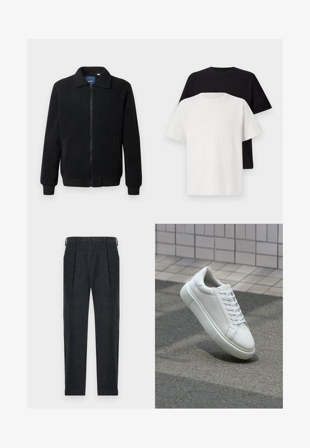 Crni flis jakna s zatvaranjem na zip, stojećim ovratnikom, rebrastim manžetama i bočnim džepovima s teksturiranom površinom.; Set pamučnih majica koji uključuje crnu i bijelu majicu, obje s kratkim rukavima, okruglim izrezom i klasičnim krojem. Tekstura tkanine.; Sive vune mješovite hlače s dva prednja nabora, petljama za remen, bočnim džepovima i zatvaranjem na gumb. Ravan kroj s glatkom teksturom.; Bijela kožna tenisica s glatkom površinom, okruglim vrhom i ravnim bijelim vezicama. Ima teksturiran gumeni potplat i minimalne dizajnerske elemente.