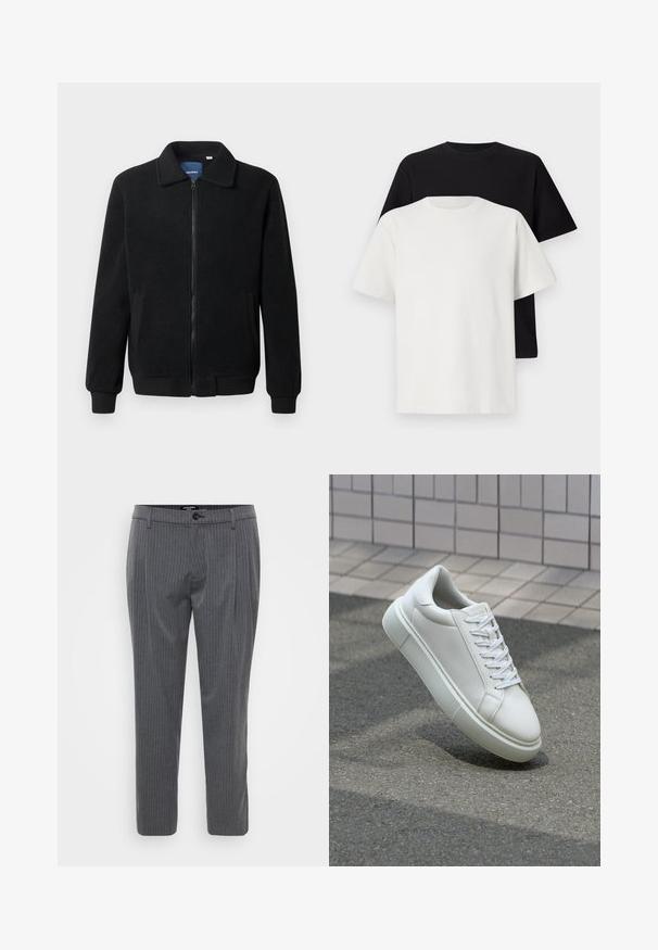 Fekete bolyhos dzseki cipzárral, állógallérral, bordázott mandzsettákkal és oldalzsebekkel, textúrált felülettel.; Pamut póló szett, amely egy fekete és egy fehér pólót tartalmaz, mindkettő rövid ujjú, környakú és normál fazonú. Texturált anyag.; Szürke csíkozott nadrág, amely szőtt anyagból készült, sík elülső résszel, övhurkokkal és egy gombos záródással rendelkezik. Testhez simuló fazon és bélelt bokák jellemzik.; Fehér bőr sportcipő sima felülettel, kerek orral és lapos fehér fűzőkkel. Texturált gumitalppal és minimális dizájnelemekkel rendelkezik.