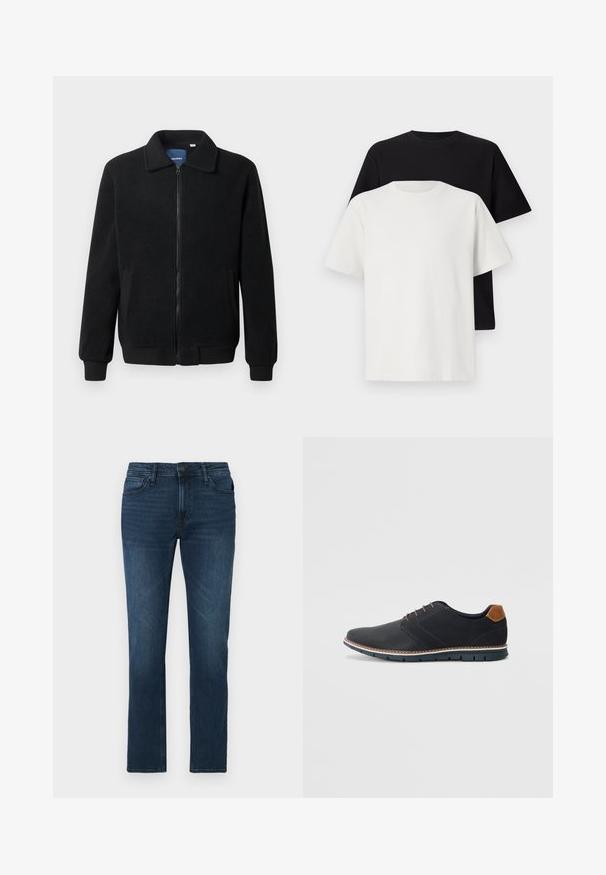 Jachetă din fleece neagră, cu închidere prin fermoar, guler înalt, manșete ribbate și buzunare laterale cu o suprafață texturată.; Set de tricouri din bumbac, care include un top negru și unul alb, ambele cu mâneci scurte, guler rotund și croială standard. Material texturat.; Jeans din denim de culoare albastră închisă, cu croială dreaptă, prezentând un sistem de închidere cu buton și fermoar, design cu cinci buzunare și o ușoară decolorare în material.; Pantofi sintetici negri cu un superior texturat, accente netede, toc maro și o talpă contrastantă. Prezintă un șnur minimalist și detalii de cusătură.