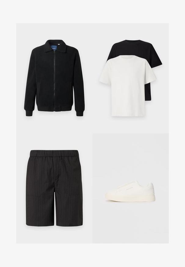 Čierna flísová bunda s uzáverom na zips, stojatým golierom, rebrovanými manžetami a bočnými vreckami s textúrovaným povrchom.; Bavlnená súprava tričiek, ktorá obsahuje čierne tričko a biele tričko, obe s krátkymi rukávmi, okrúhlym výstrihom a štandardným strihom. Textúrovaná látka.; Čierne šortky s jemnými vertikálnymi bielymi prúžkami, elastický pás a dve bočné vrecká, vyrobené z ľahkej textúrovanej látky.; Biele slip-on tenisky s textúrovaným povrchom, hrubou podrážkou a minimalistickým dizajnom. Obsahuje logo značky na boku.