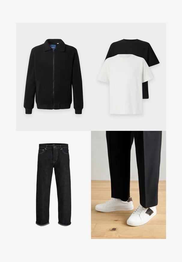 Černá fleecová bunda s zipovým uzávěrem, stojáčkem, vroubkovanými manžetami a bočními kapsami s texturovaným povrchem.; Sada bavlněných triček, která obsahuje černé a bílé tričko, obě s krátkým rukávem, kulatým výstřihem a standardním střihem. Texturovaná látka.; Tmavě modré džíny s rovnými nohavicemi, vybavené zapínáním na knoflík a zip, ohrnutými lemy a kontrastním prošíváním.; Bílé tenisky s hladkým povrchem, s hnědými koženými akcenty a černými detaily, kombinované s černými kalhotami na míru. Pozadí tvoří dřevěná podlaha.