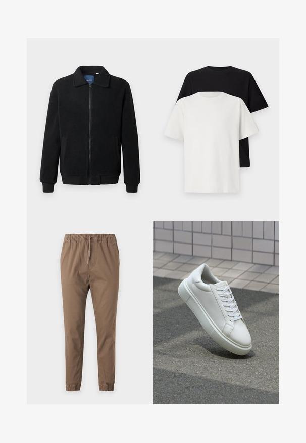 Juodas fliso džemperis su užtrauktuku, stovinčia apykakle, gumuotais rankogaliais ir šoninėmis kišenėmis, turinčiomis tekstūruotą paviršių.; Medvilniniai marškiniai, kuriuos sudaro juodas ir baltas marškinėliai, abu su trumpomis rankovėmis, apvaliu iškirpimu ir standartiniu sijonu. Tekstūruota medžiaga.; Rudos, elastingos kelnės su reguliuojamu raišteliu, siaurėjančiais kojų sijonais ir apvyniotais kraštais. Minkšta medžiaga su lygiu paviršiumi ir jokių matomų raštų.; Balti odiniai sportbačiai su lygiu paviršiumi, apvalia nosimi ir plokščiomis baltomis raištelėmis. Yra tekstūruotas gumos padas ir minimalizmas dizaino elementuose.