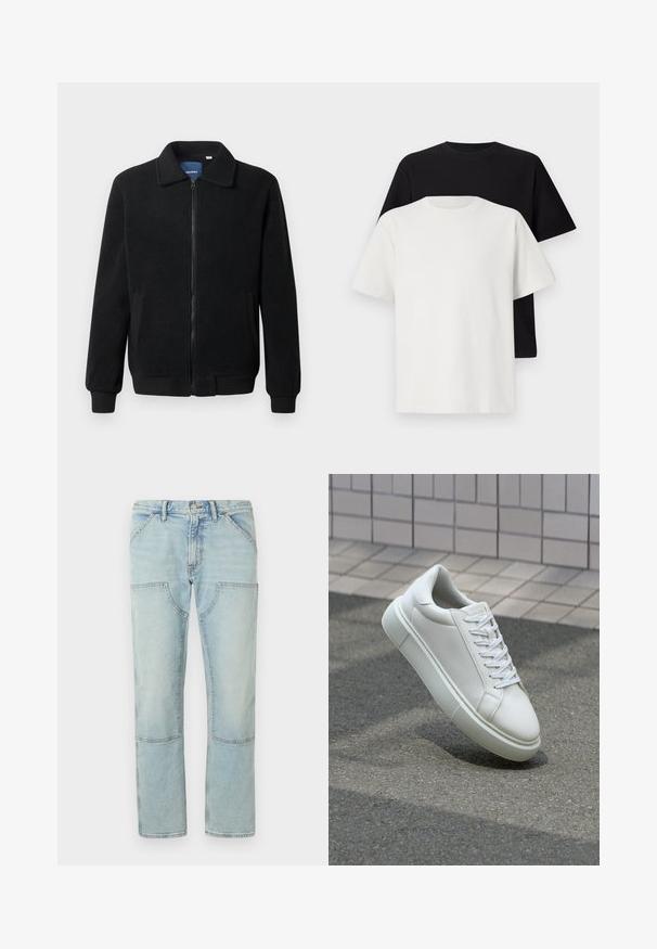 Melnā vilnas jaka ar rāvējslēdzēju, stāvošu apkakli, ribotām piedurknēm un sānu kabatām ar teksturētu virsmu.; Kokvilnas T-kreklu komplekts, kas sastāv no melna un baltā T-krekla, abi ar īsām piedurknēm, apaļu kakla izgriezumu un standarta piegriezumu. Faktūras audums.; Gai zila denima bikses ar taisnu kāju, kurām ir kabatas ar plāksteriem un izbalējusi apdare. Pogas aizdare jostasvietā, standarta jostu cilpas.; Baltas ādas sporta apavi ar gludu virsmu, apaļu pirkstu un plakanām baltām šņorēm. Iezīmējas ar strukturētu gumijas zoli un minimālisma dizaina elementiem.