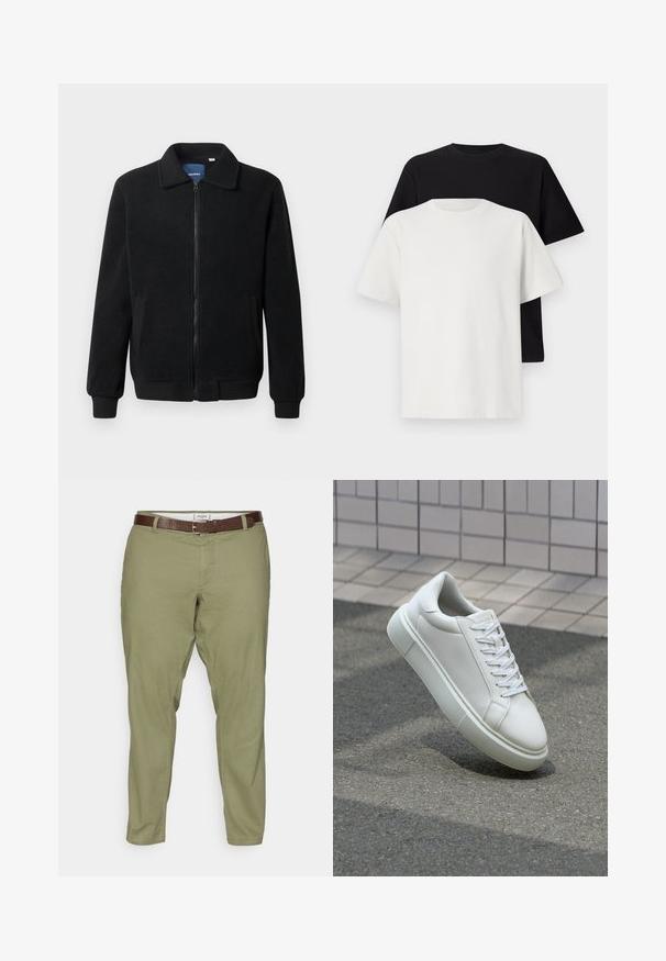 Jachetă din fleece neagră, cu închidere prin fermoar, guler înalt, manșete ribbate și buzunare laterale cu o suprafață texturată.; Set de tricouri din bumbac, care include un top negru și unul alb, ambele cu mâneci scurte, guler rotund și croială standard. Material texturat.; Pantaloni din amestec de bumbac de culoare verde măsliniu, cu croi drept, având buzunare în față și un curea din piele maro. Textură netedă și design simplu.; Sneaker alb din piele cu o suprafață netedă, vârf rotund și șireturi plate albe. Dispune de o talpă din cauciuc texturată și elemente de design minimale.