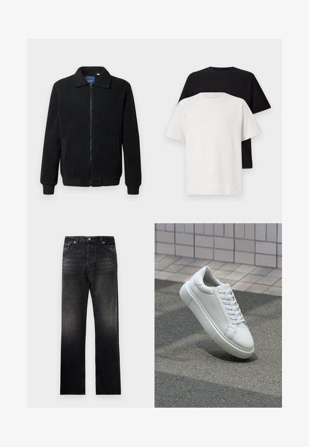 Melnā vilnas jaka ar rāvējslēdzēju, stāvošu apkakli, ribotām piedurknēm un sānu kabatām ar teksturētu virsmu.; Kokvilnas T-kreklu komplekts, kas sastāv no melna un baltā T-krekla, abi ar īsām piedurknēm, apaļu kakla izgriezumu un standarta piegriezumu. Faktūras audums.; Melnas džinsa bikses ar taisnu kāju piegriezumu, kas piedāvā izbalējušu gradienta efektu, piecu kabatu dizainu un metāla aksesuārus.; Baltas ādas sporta apavi ar gludu virsmu, apaļu pirkstu un plakanām baltām šņorēm. Iezīmējas ar strukturētu gumijas zoli un minimālisma dizaina elementiem.