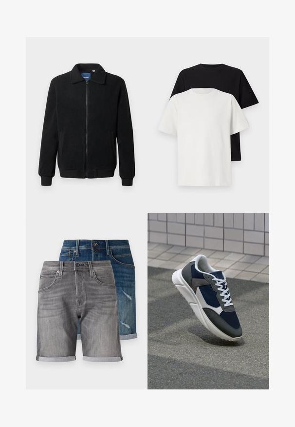 Čierna flísová bunda s uzáverom na zips, stojatým golierom, rebrovanými manžetami a bočnými vreckami s textúrovaným povrchom.; Bavlnená súprava tričiek, ktorá obsahuje čierne tričko a biele tričko, obe s krátkymi rukávmi, okrúhlym výstrihom a štandardným strihom. Textúrovaná látka.; Džínové šortky v tmavomodrej a šedej farbe. Medzi charakteristiky patrí rolovaný okraj, vrecká a vyblednutá textúra na modrom páre so zničenými detailmi.; Tenisky s sieťovinou v námorníckej modrej farbe, so sivými semišovými detailmi, bielou gumovou podrážkou a plochými bielymi šnúrkami, navrhnuté pre pohodlie a priedušnosť.