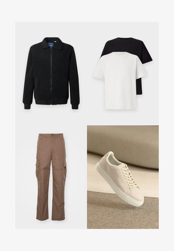 Juodas fliso džemperis su užtrauktuku, stovinčia apykakle, gumuotais rankogaliais ir šoninėmis kišenėmis, turinčiomis tekstūruotą paviršių.; Medvilniniai marškiniai, kuriuos sudaro juodas ir baltas marškinėliai, abu su trumpomis rankovėmis, apvaliu iškirpimu ir standartiniu sijonu. Tekstūruota medžiaga.; Rudos krovinių kelnes, pagamintas iš tekstūruotos medžiagos, turinčios dvi šonines kišenes, sagčių užsegimą ir tiesaus kirpimo kojas.; Smėliniai zomšiniai sportbačiai su balta padais ir raišteliais, rodantys plaukiojantys virš tekstūruoto smėlinio kilimo priešais švelnų smėlinį foną.