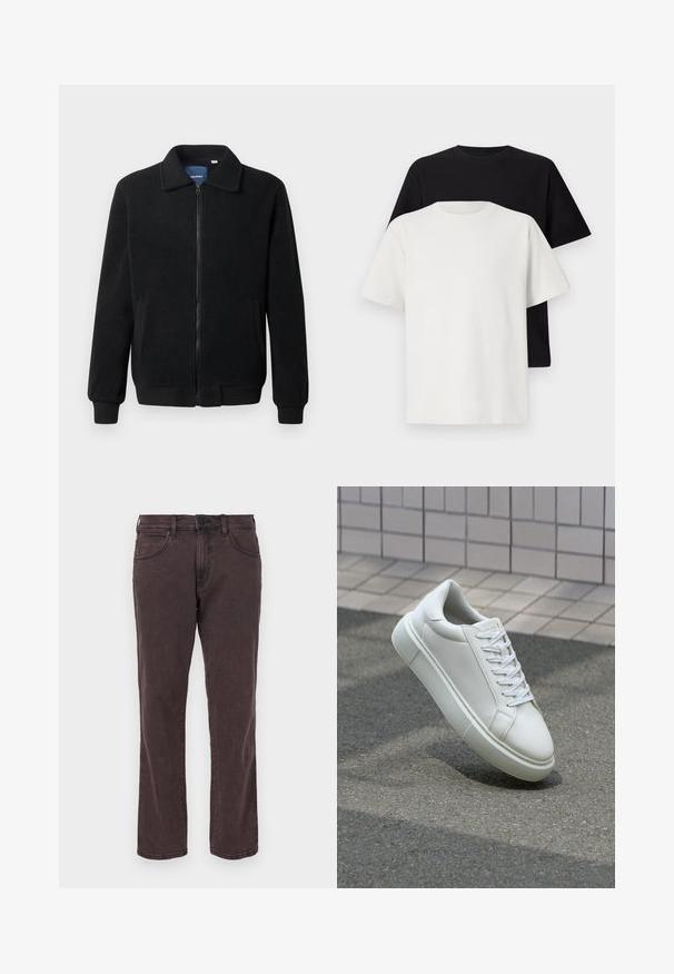 Juodas fliso džemperis su užtrauktuku, stovinčia apykakle, gumuotais rankogaliais ir šoninėmis kišenėmis, turinčiomis tekstūruotą paviršių.; Medvilniniai marškiniai, kuriuos sudaro juodas ir baltas marškinėliai, abu su trumpomis rankovėmis, apvaliu iškirpimu ir standartiniu sijonu. Tekstūruota medžiaga.; Tamsiai rudos džinsinės kelnės su tiesiomis kojomis, turinčios priekines kišenes, mygtuko uždarymą ir subtilius siuvimo akcentus.; Balti odiniai sportbačiai su lygiu paviršiumi, apvalia nosimi ir plokščiomis baltomis raištelėmis. Yra tekstūruotas gumos padas ir minimalizmas dizaino elementuose.