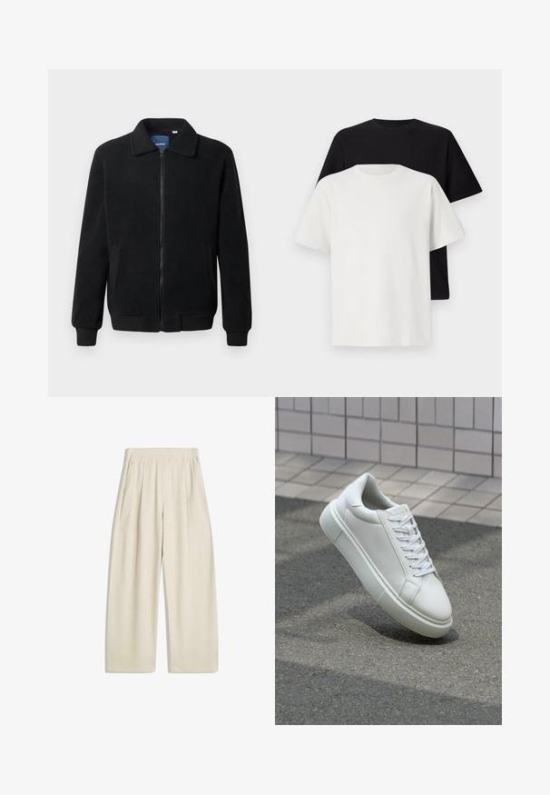 Černá fleecová bunda s zipovým uzávěrem, stojáčkem, vroubkovanými manžetami a bočními kapsami s texturovaným povrchem.; Sada bavlněných triček, která obsahuje černé a bílé tričko, obě s krátkým rukávem, kulatým výstřihem a standardním střihem. Texturovaná látka.; Široké kalhoty v světle béžové barvě, s vertikálním žebrovaným vzorem, sklady na pase a bočními kapsami.; Bílé kožené tenisky s hladkým povrchem, kulatou špičkou a plochými bílými tkaničkami. Disponují texturovanou gumovou podrážkou a minimálními designovými prvky.