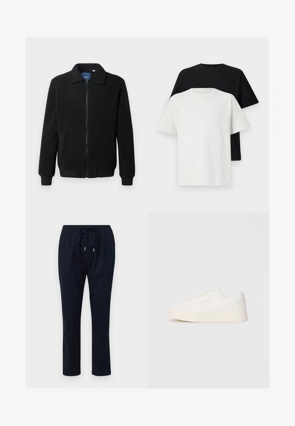 Črna flis jakna z zadrgo, stoječim ovratnikom, rebrastimi zapestji in stranskimi žepi s teksturirano površino.; Set bombažnih majic, ki vključuje črno in belo majico, obe z kratkimi rokavi, okroglim izrezom in standardnim krojem. Teksturirana tkanina.; Temno modri hlače iz lahkega materiala, z elastičnim pasom in zavezujočo vrvico, ravnimi nogami in zavitimi robovi.; Bele zapete brez vezalk z teksturirano površino, debelim podplatom in minimalističnim dizajnom. Na strani se nahaja logotip blagovne znamke.