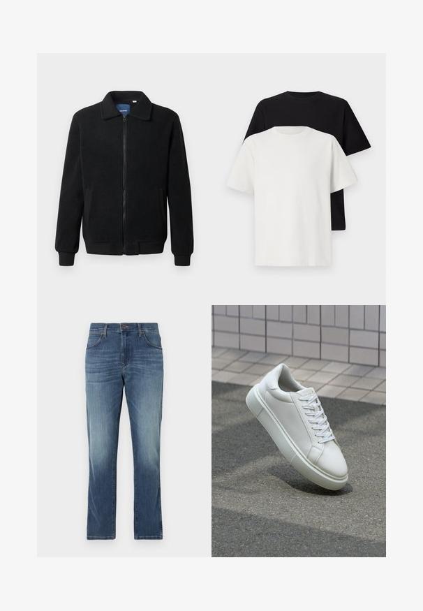 Chaqueta de forro polar negra con cierre de cremallera, cuello alzado, puños acanalados y bolsillos laterales con una superficie texturizada.; Conjunto de camisetas de algodón que incluye una camiseta negra y una blanca, ambas con mangas cortas, escote redondo y corte estándar. Tejido texturizado.; Vaqueros de mezclilla en un tono azul medio con corte recto, cinco bolsillos y un clásico cierre de botón y cremallera. Detalles descoloridos en los muslos.; Zapatilla de cuero blanca con una superficie lisa, punta redonda y cordones blancos planos. Presenta una suela de goma texturizada y elementos de diseño mínimos.