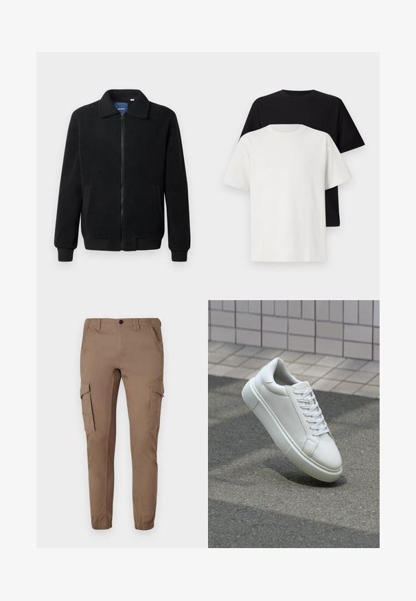 Schwarze Fleecejacke mit Reißverschluss, Stehkragen, gerippten Bündchen und seitlichen Taschen mit strukturiertem Oberflächenmaterial.; Baumwoll-T-Shirt-Set bestehend aus einem schwarzen Oberteil und einem weißen Oberteil, beide mit kurzen Ärmeln, Rundhalsausschnitt und normaler Passform. Texturiert.; Hellbraune Cargo-Hosen mit elastischen Bündchen, mehreren Seitentaschen und taillierter Passform, gefertigt aus einem glatten, strapazierfähigen Material.; Weiße Leder-Sneaker mit glatter Oberfläche, runder Zehenpartie und flachen weißen Schnürsenkeln. Verfügt über eine strukturierte Gummisohle und minimalistische Designelemente.