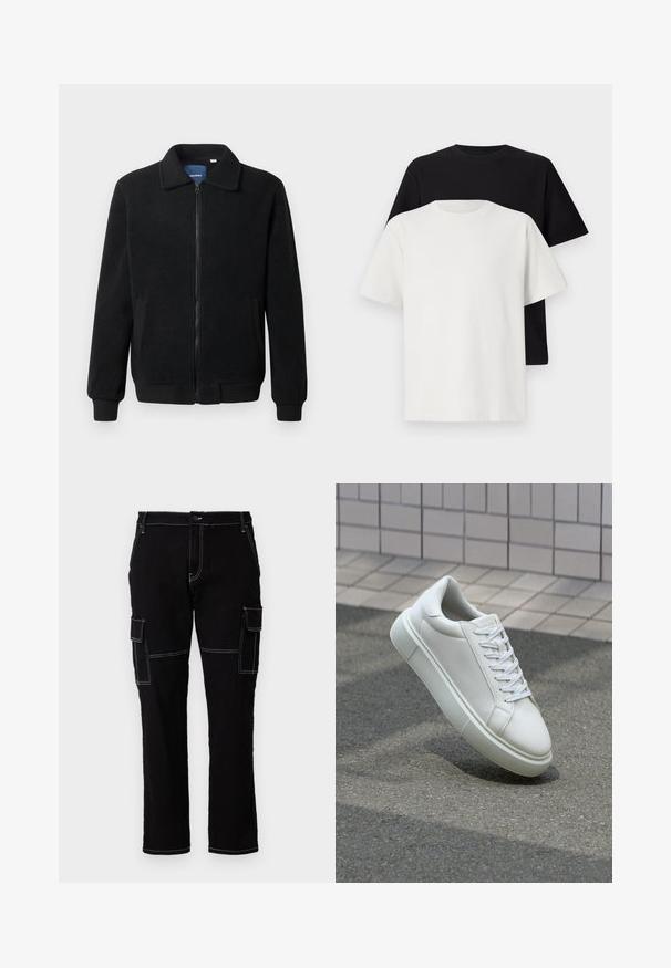 Casaco de polar preto com fecho de correr, gola alta, punhos canelados e bolsos laterais com uma superfície texturizada.; Conjunto de t-shirts em algodão, com uma preta e uma branca, ambas com mangas curtas, decote redondo e corte standard. Tecido texturizado.; Calças cargo pretas feitas de denim, com costuras brancas, dois bolsos laterais e um design de perna reta. Fecho clássico de botão na cintura.; Tênis de couro branco com superfície lisa, bico redondo e cadarços brancos planos. Apresenta uma sola de borracha texturizada e elementos de design minimalistas.