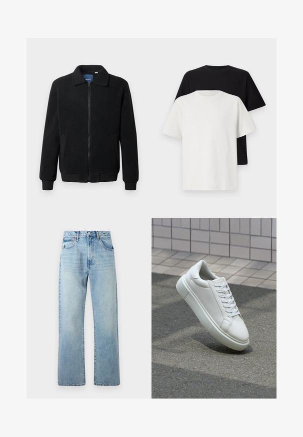 Fekete bolyhos dzseki cipzárral, állógallérral, bordázott mandzsettákkal és oldalzsebekkel, textúrált felülettel.; Pamut póló szett, amely egy fekete és egy fehér pólót tartalmaz, mindkettő rövid ujjú, környakú és normál fazonú. Texturált anyag.; Világoskék farmernadrág, széles, egyenes lábakkal, öt zsebbel és övbújtatós derékkal. Az anyag enyhén megfakult textúrájú.; Fehér bőr sportcipő sima felülettel, kerek orral és lapos fehér fűzőkkel. Texturált gumitalppal és minimális dizájnelemekkel rendelkezik.